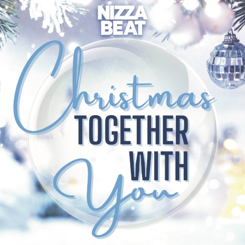 Cd Cover des Weihnachtsliedes "Christmas together with you" von Nizzabeat in türkis und weiss mit weihnachtlichen Dekoelementen