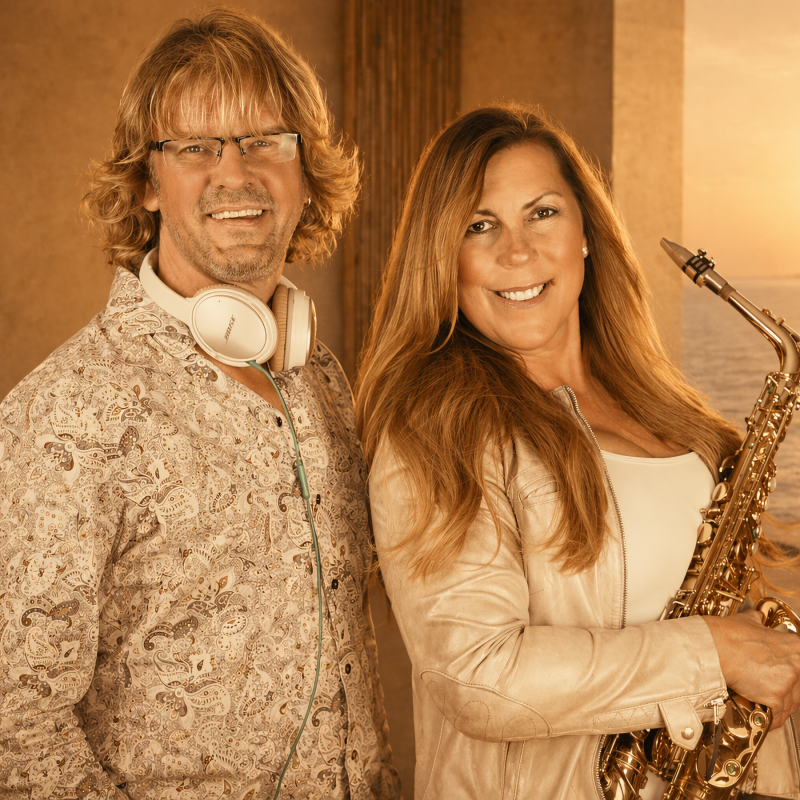 Nizzabeat Pressefoto zur Single Valerie Lounge Radio Mix mit Sänger Uwe Thielker und Saxophonistin Petra Ristow in warmer Lounge-Atmosphäre.